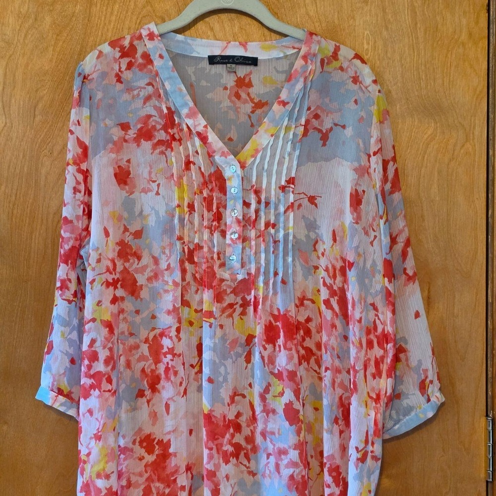 Rose & Olive Plus Size 1X Watercolor Floral Chiffon Pintuck V-Neck Blouse Multi
